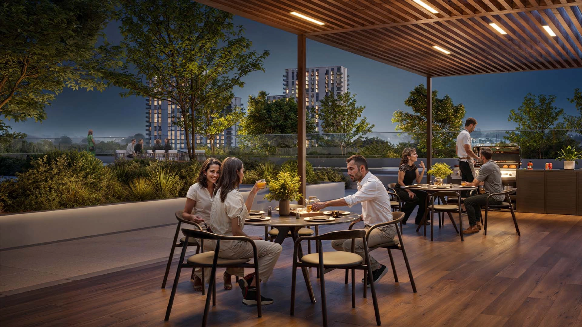 Rooftop terraces and outdoor lounges at Parkwood residential buildings
